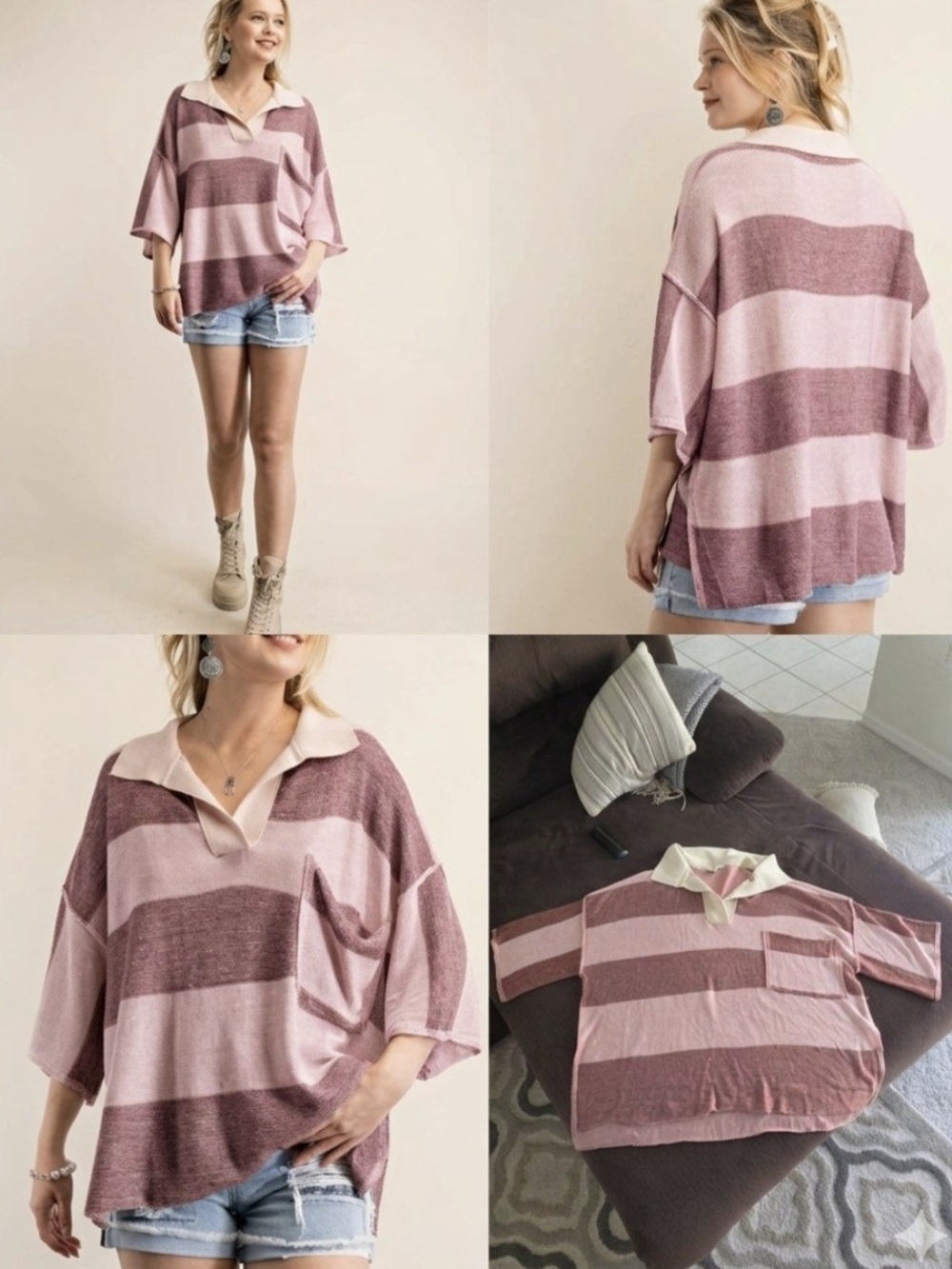 Easel Oversized Rugby Knit Stripe Top Polo Collared Preppy Pink Mauve Large